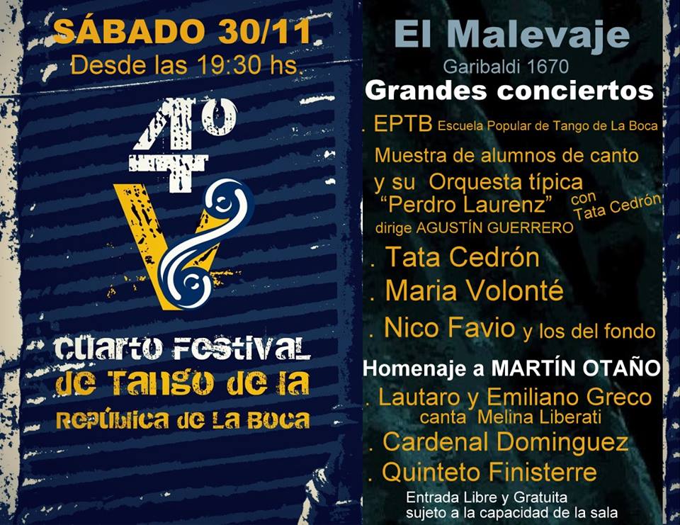 Sáb.30 NOV. 22hs en el IV Festival de Tango de la República de La Boca